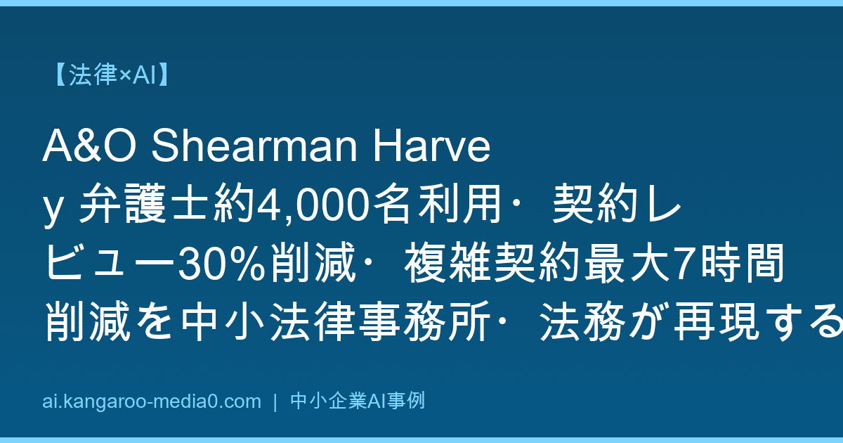 【法律×AI】A&O Shearman Harvey 弁護士約4,000名利用・契約レビュー30%削減・複雑契約最大7時間削減を中小法律事務所・法務が再現する設計