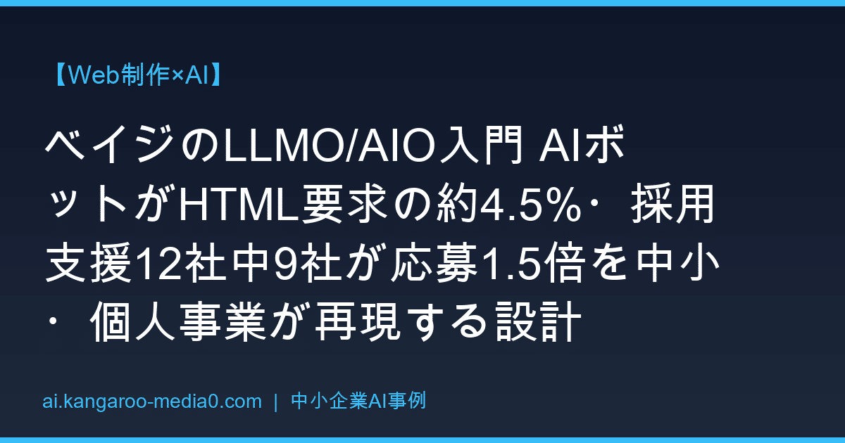 【Web制作×AI】ベイジのLLMO/AIO入門 AIボットがHTML要求の約4.5%・採用支援12社中9社が応募1.5倍を中小・個人事業が再現する設計