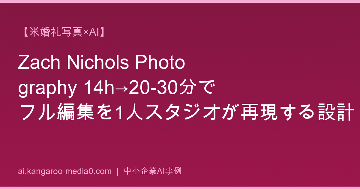 【米婚礼写真×AI】Zach Nichols Photography 14h→20-30分でフル編集を1人スタジオが再現する設計