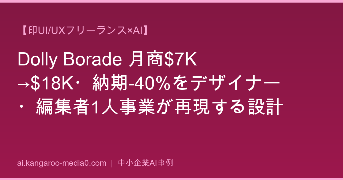 【印UI/UXフリーランス×AI】Dolly Borade 月商$7K→$18K・納期-40%をデザイナー・編集者1人事業が再現する設計